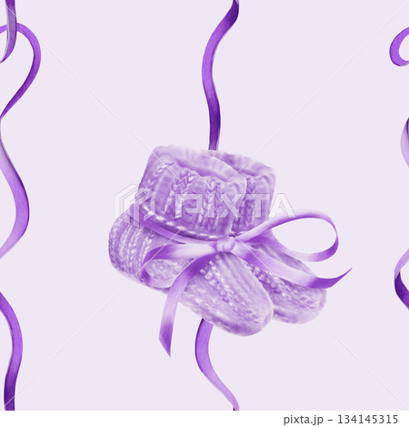 Purple knitted socks with a ribbon in seamless pattern as a symbol of World Prematurity Day.Hand drawn watercolor illustration for awareness campaigns,charity projects,supportive social media content Purple knitted socks with a ribbon in seamless pattern as a symbol of World Prematurity Day.Hand drawn watercolor illustration for awareness campaigns,charity projects,supportive social media content 134145315