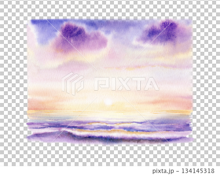 Sunset sky setting sun,powerful ocean wave,orange-lilac gradients and purple,pink clouds on the horizon.Watercolor illustration with fluid washes and dynamic textures for travel branding,wall art Sunset sky setting sun,powerful ocean wave,orange-lilac gradients and purple,pink clouds on the horizon.Watercolor illustration with fluid washes and dynamic textures for travel branding,wall art 134145318