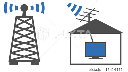 アンテナから電波を取ってテレビを受信している家のイメージ素材 134145324