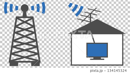 アンテナから電波を取ってテレビを受信している家のイメージ素材 134145324