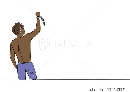 Continuous line drawing of a man from the back raising his fist, symbolizing defiance and hope. This freedom concept design marks Abolition Day, celebrating courage and resilience. Continuous line drawing of a man from the back raising his fist, symbolizing defiance and hope. This freedom concept design marks Abolition Day, celebrating courage and resilience. 134145374