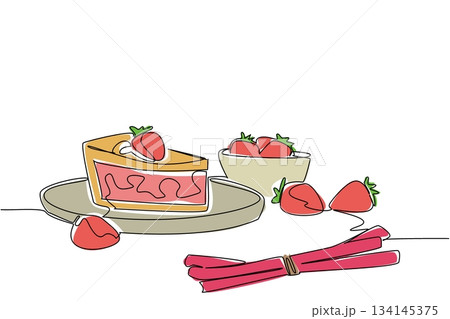 Single line drawing illustrates National Strawberry Rhubarb Pie Day with a pie slice on a plate, surrounded by strawberries and rhubarb, showcasing a festive dessert food concept design. 134145375