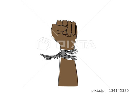 Single line drawing of a raised fist breaking chains, symbolizing strength and resistance. This freedom concept design highlights Abolition Day, celebrating resilience and human dignity. 134145380