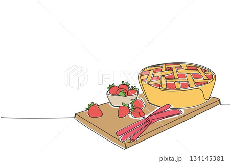 Single line drawing celebrates National Strawberry Rhubarb Pie Day, showing a fresh baked pie with strawberries and rhubarb on a wooden board as part of a food concept. Single line drawing celebrates National Strawberry Rhubarb Pie Day, showing a fresh baked pie with strawberries and rhubarb on a wooden board as part of a food concept. 134145381