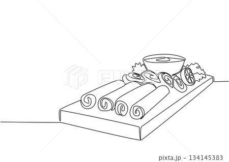 Single line drawing of egg rolls arranged on a wooden board with sauce and lemon, focusing on food concept and international event theme for National Egg Roll Day celebration. 134145383
