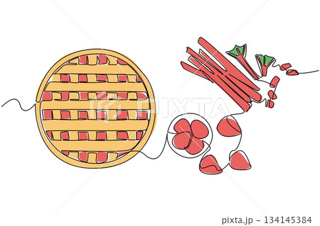 Single line drawing represents National Strawberry Rhubarb Pie Day, showing a top view of a baked pie with strawberries and rhubarb, symbolizing a dessert food concept for celebration. Single line drawing represents National Strawberry Rhubarb Pie Day, showing a top view of a baked pie with strawberries and rhubarb, symbolizing a dessert food concept for celebration. 134145384