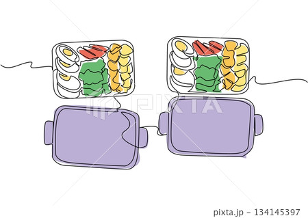 One line drawing of top view containers filled with fresh vegetables, designed for National Meal Prep Day with a health concept promoting organized nutrition, clean eating, and lifestyle balance. 134145397