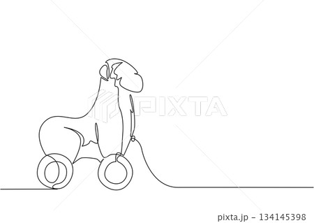 Single line drawing of a wooden chimpanzee toy on wheels, crafted in a minimalist and abstract style. This animal concept design highlights creativity, childhood play, and handmade tradition. 134145398