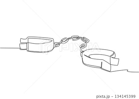 Powerful continuous line drawing showing broken handcuffs as a symbol of justice and liberation, representing the freedom theme of Abolition Day in a human rights concept design. 134145399