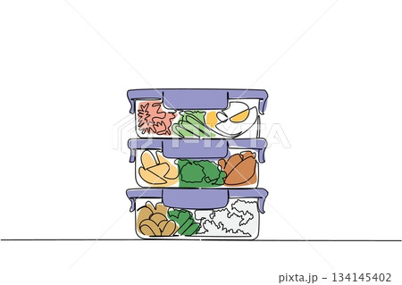 Single line drawing of stacked meal prep containers filled with fresh vegetables, designed for National Meal Prep Day with a health concept that inspires organization, wellness, and nutrition. 134145402