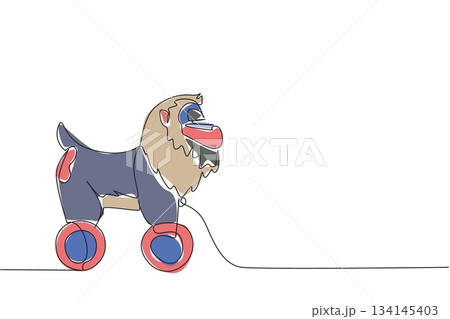 Colorful mandrill wooden wheeled toy illustrated in continuous line drawing style, showing unique primate features with a playful minimalist art concept for creative design use. 134145403