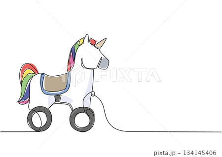 Magical unicorn wooden wheeled toy illustrated in continuous line drawing style, combining fantasy animal charm with a creative minimalist design concept for playful artwork projects. Magical unicorn wooden wheeled toy illustrated in continuous line drawing style, combining fantasy animal charm with a creative minimalist design concept for playful artwork projects. 134145406