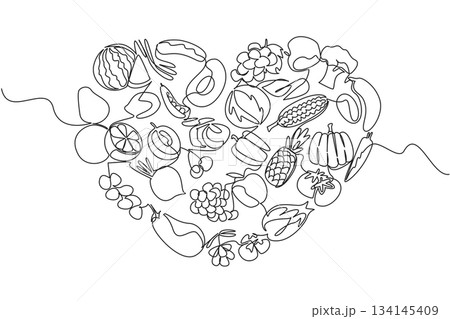One line drawing illustration depicting various fruits and vegetables arranged into a heart shape, celebrating Eat Flexitarian Day with focus on health, wellness, and balanced food concept lifestyle. 134145409