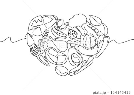 Continuous line drawing artwork of assorted vegetables forming a heart shape, representing balanced nutrition, sustainability, and mindful eating for Eat Flexitarian Day as a health concept. Continuous line drawing artwork of assorted vegetables forming a heart shape, representing balanced nutrition, sustainability, and mindful eating for Eat Flexitarian Day as a health concept. 134145413