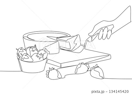 Continuous line drawing of a strawberry rhubarb pie served with fresh strawberries on wooden board, reflecting a sweet food concept for National Strawberry Rhubarb Pie Day. Pick up with cake spoon 134145420