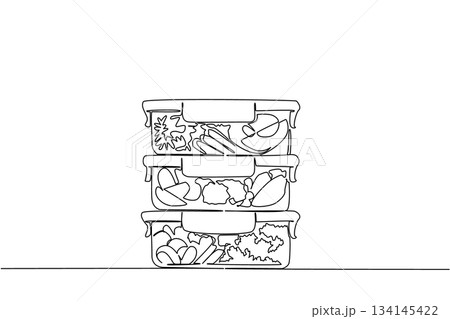 Continuous line drawing of stacked meal prep containers filled with vegetables, capturing the spirit of National Meal Prep Day in a health concept promoting nutrition and order. 134145422