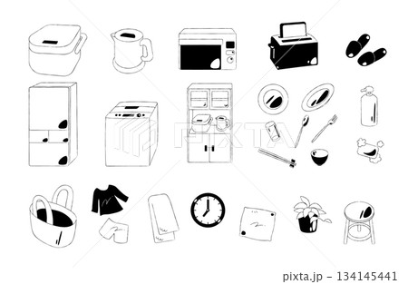 モノクロ白黒線画の生活用品アイコンセット 134145441