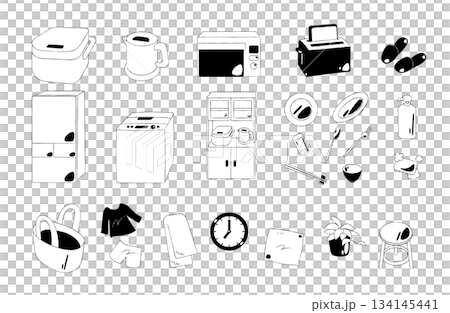 モノクロ白黒線画の生活用品アイコンセット 134145441