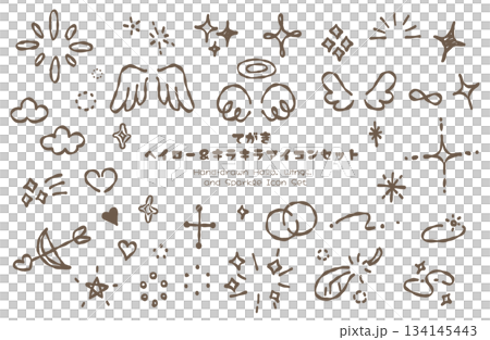 Hand drawn halo, wings and glitter icon set 134145443