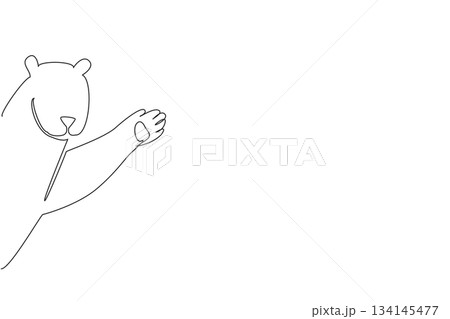 Continuous line drawing of a polar bear waving hand warmly, created in a simple vector sketch style. Perfect for Say Hi Day, this nature concept design highlights wildlife greeting joy. 134145477