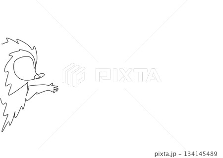 Single line drawing of a hedgehog with spiky silhouette waving hand, designed in vector sketch style. This fun nature concept artwork celebrates Say Hi Day with cheerful wildlife expression. 134145489