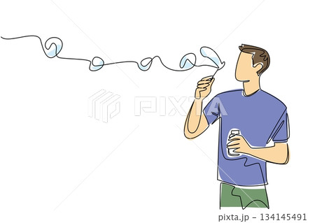 Single line drawing of a man blowing bubbles, illustrating a calm and playful concept with minimal lines, reflecting joyful, mindful, and relaxing moments in life through creative illustration Single line drawing of a man blowing bubbles, illustrating a calm and playful concept with minimal lines, reflecting joyful, mindful, and relaxing moments in life through creative illustration 134145491