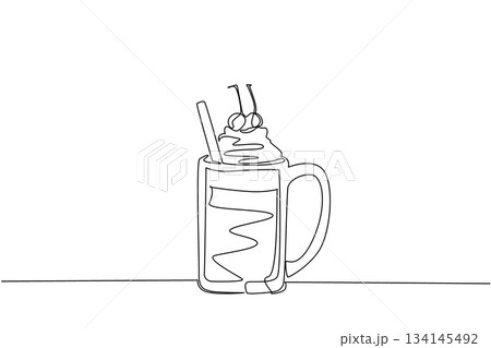 Single line drawing of a creamy black cow float in a mug topped with whipped cream and cherry, representing a beverage concept for National Black Cow Day celebration. Single line drawing of a creamy black cow float in a mug topped with whipped cream and cherry, representing a beverage concept for National Black Cow Day celebration. 134145492