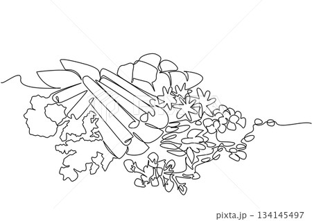 Continuous line drawing showing herbs and spices arranged together, symbolizing natural seasoning and flavor, created as a food concept for National Herbs and Spices Day theme. Continuous line drawing showing herbs and spices arranged together, symbolizing natural seasoning and flavor, created as a food concept for National Herbs and Spices Day theme. 134145497