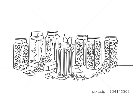 Single line drawing of spice jars arranged together, symbolizing preserved culinary flavors and natural seasonings, designed as a food concept for National Herbs and Spices Day illustration. 134145502