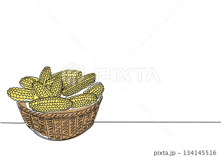 One line drawing of a woven bowl filled with corn cobs, styled for National Corn on the Cob Day, combining a food concept and agricultural celebration theme for healthy harvest artwork. 134145516