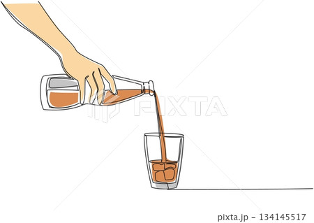 Continuous line drawing illustrating a hand pouring iced tea from a bottle into a glass with ice cubes, representing a refreshing beverage concept for National Iced Tea Day celebration. Continuous line drawing illustrating a hand pouring iced tea from a bottle into a glass with ice cubes, representing a refreshing beverage concept for National Iced Tea Day celebration. 134145517