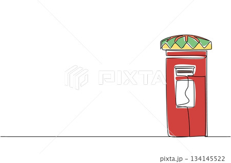 Single line drawing of a classic red postbox with a bright, patterned yarn bombed topper, merging street art and public creativity for International Yarn Bombing Day, urban art and community event Single line drawing of a classic red postbox with a bright, patterned yarn bombed topper, merging street art and public creativity for International Yarn Bombing Day, urban art and community event 134145522