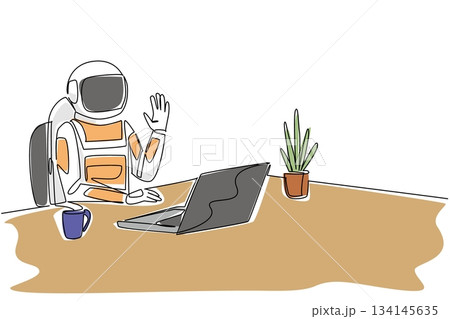 Single line drawing of an astronaut waving at his laptop, highlighting space, science, and digital communication in a science concept for Say Hi Day, connecting galaxies and people. 134145635
