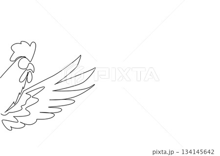 Continuous line drawing of a rooster waving its wing behind the wall, capturing humor and simplicity in animal art. Created as a nature concept for the theme of International Animal Day. 134145642