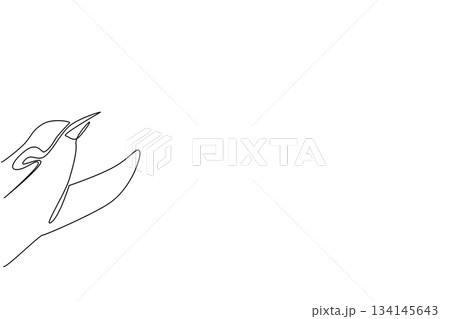 Single line drawing of a penguin waving wing behind the wall, simple and playful animal illustration. Created as a nature concept artwork for International Penguin Awareness Day theme. Single line drawing of a penguin waving wing behind the wall, simple and playful animal illustration. Created as a nature concept artwork for International Penguin Awareness Day theme. 134145643