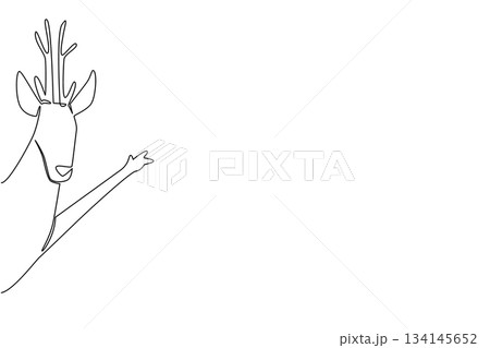 One line drawing of a deer waving its leg behind the wall, designed in a nature concept for World Wildlife Day theme, highlighting the grace of forest animals in minimal vector art. 134145652