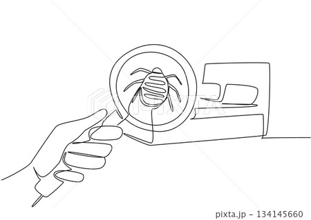 Single line drawing of a magnifying glass focused on a bed bug over a mattress, representing awareness, prevention, and health concept for National Bed Bug Prevention Day artwork. Single line drawing of a magnifying glass focused on a bed bug over a mattress, representing awareness, prevention, and health concept for National Bed Bug Prevention Day artwork. 134145660