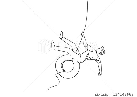 One line drawing of a young man swinging on a tire swing, symbolizing fun, relaxation, and the cheerful spirit of National Making Life Beautiful Day in a lifestyle concept. 134145665
