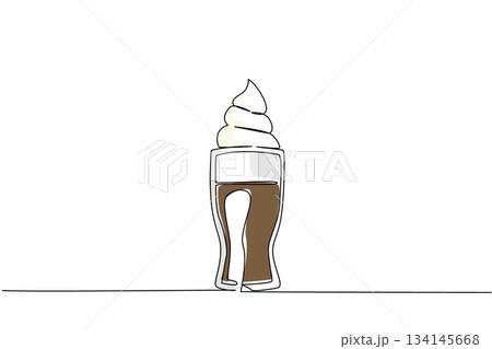 Continuous line drawing of a tall glass root beer float with soft serve ice cream, representing National Black Cow Day celebration under food and beverage concept. 134145668