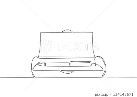One line drawing depicts a ballpoint pen placed neatly inside an elegant presentation box, representing professional writing tools and the business concept of National Ballpoint Pen Day. One line drawing depicts a ballpoint pen placed neatly inside an elegant presentation box, representing professional writing tools and the business concept of National Ballpoint Pen Day. 134145671