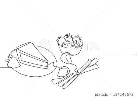 Single line drawing of strawberry rhubarb pie slice with a bowl of strawberries and decorative cinnamon sticks, perfect for a food concept on National Strawberry Rhubarb Pie Day. Single line drawing of strawberry rhubarb pie slice with a bowl of strawberries and decorative cinnamon sticks, perfect for a food concept on National Strawberry Rhubarb Pie Day. 134145672