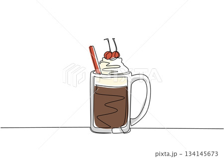Continuous line drawing of a mug filled with root beer float, topped with whipped cream and cherries, designed for National Black Cow Day with food and beverage concept. Continuous line drawing of a mug filled with root beer float, topped with whipped cream and cherries, designed for National Black Cow Day with food and beverage concept. 134145673