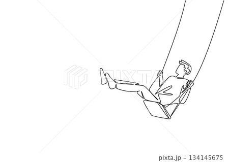 Continuous line drawing of a young man joyfully swinging high, symbolizing freedom, happiness, and the celebration of National Making Life Beautiful Day in a lifestyle concept. 134145675