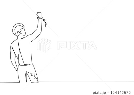 Rear view, bold one line drawing of a man raising his fist with broken shackles, symbolizing resistance, courage, and the victory of Abolition Day in a civil rights movement concept. Back view Rear view, bold one line drawing of a man raising his fist with broken shackles, symbolizing resistance, courage, and the victory of Abolition Day in a civil rights movement concept. Back view 134145676