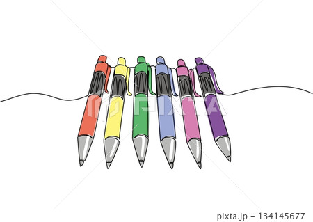 Continuous line draw of a row of ballpoint pens marks National Ballpoint Pen Day, illustrating business concept of stationery, organization, and creativity, symbolizing productivity in daily writing 134145677