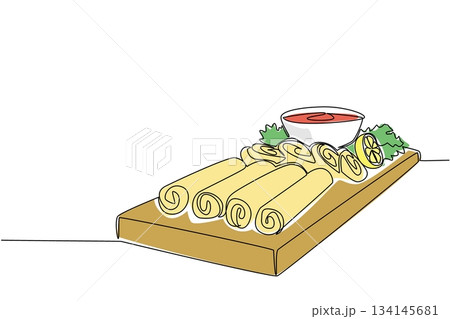 Single line drawing of egg rolls placed neatly on a wooden serving board with dipping sauce and lemon, created for National Egg Roll Day highlighting food concept and culinary event theme. 134145681