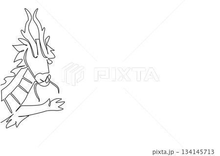 Single line drawing of a dragon waving leg behind the wall, blending mythical fantasy and minimal art. Designed as a cultural concept illustration for World Dragon Appreciation Day. Single line drawing of a dragon waving leg behind the wall, blending mythical fantasy and minimal art. Designed as a cultural concept illustration for World Dragon Appreciation Day. 134145713