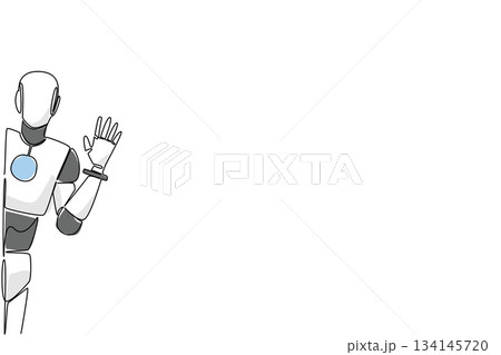 Single line drawing of a humanoid robot waving from the side of the wall, symbolizing technology, AI, and modern interaction in a futuristic business concept for Say Hi Day celebration. Single line drawing of a humanoid robot waving from the side of the wall, symbolizing technology, AI, and modern interaction in a futuristic business concept for Say Hi Day celebration. 134145720