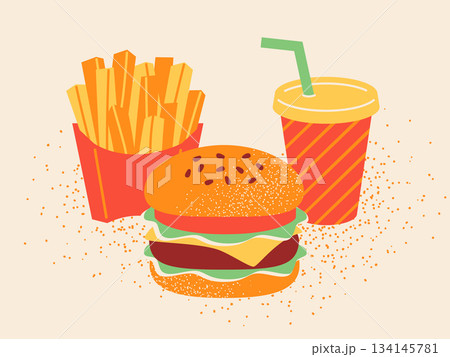 ハンバーガーセット　ファストフードのイラスト 134145781