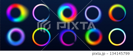 Rainbow neon rings set with glowing light effect 134145799